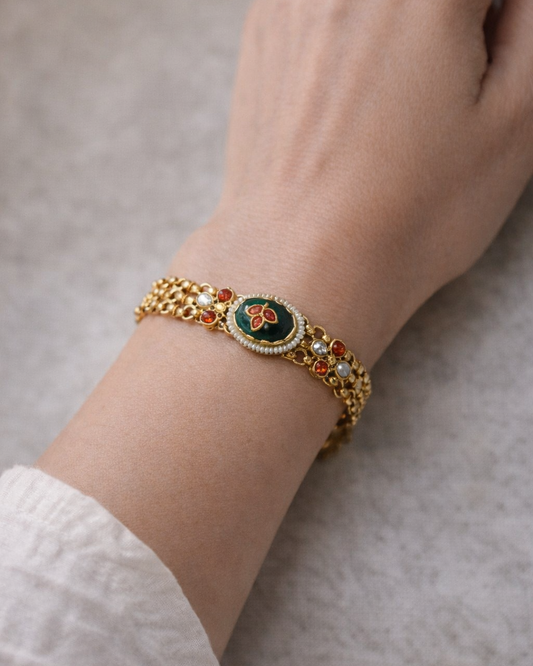 Golden Toned Cuff Bracelet with Green Onyx Stones-G351500