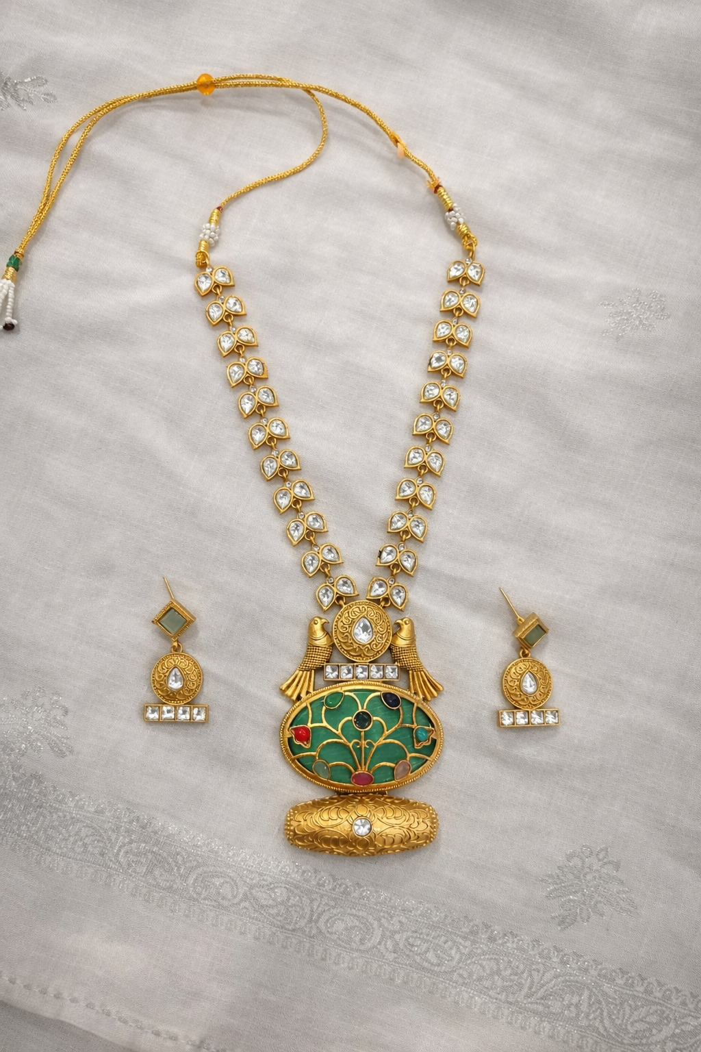 Fusion Kundan Polki Necklace Set Green-G351800