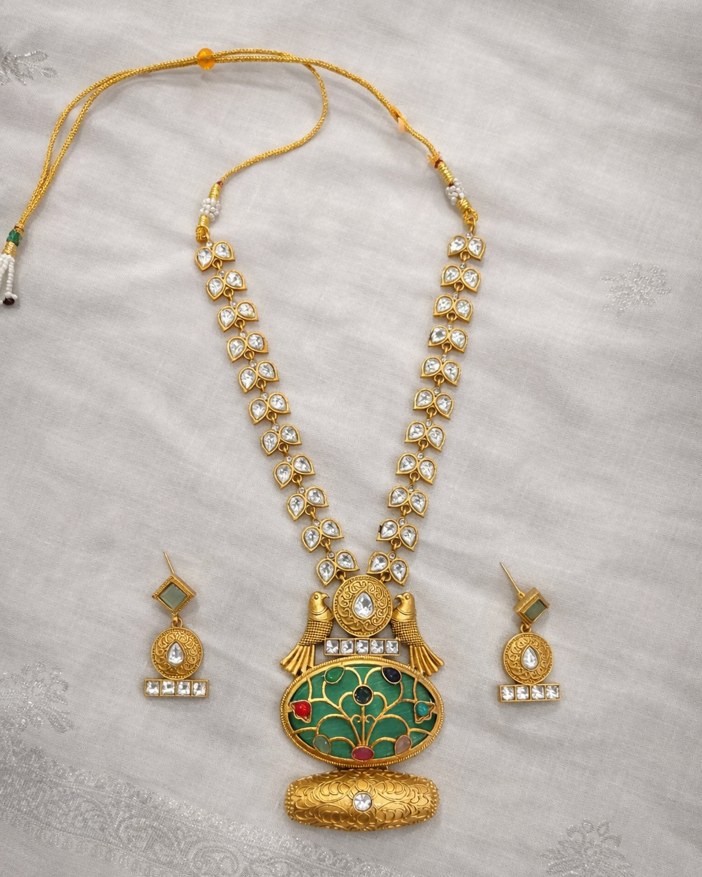 Fusion Kundan Polki Necklace Set Green-G351800