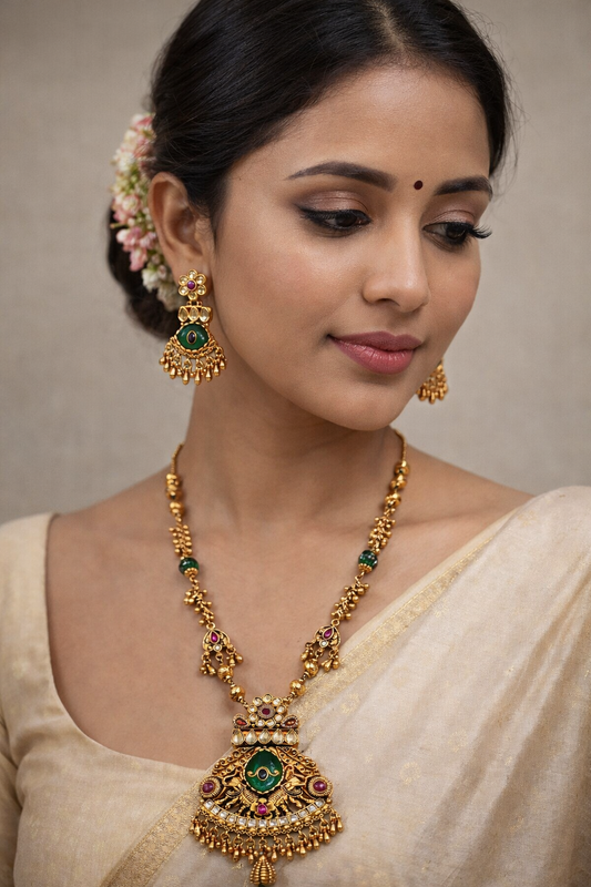 Heritage Green Stone Studded Antique Finish Pendant Set