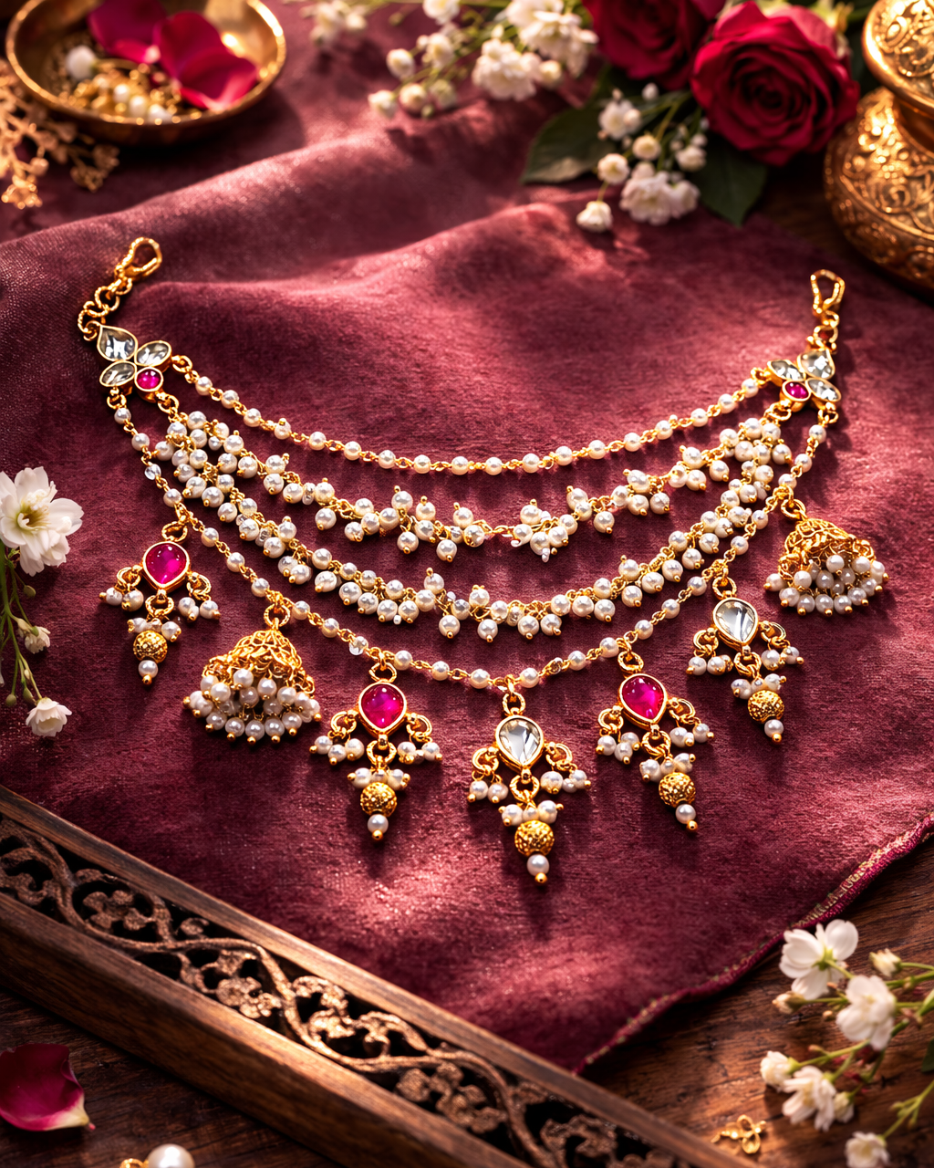 Pink Jadau Pearl and Jummar Hanging Earchain-G352200