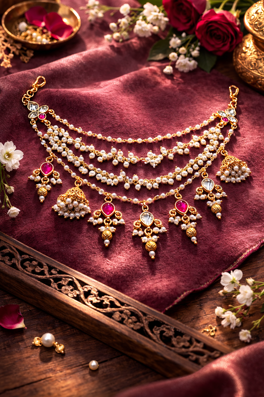 Pink Jadau Pearl and Jummar Hanging Earchain