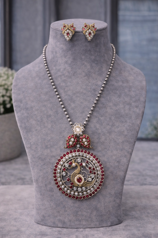 Oxidized Silver Peacock Pendant Necklace Set-G351600