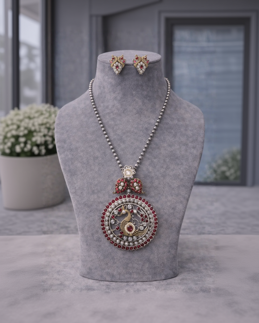 Oxidized Silver Peacock Pendant Necklace Set-G351600