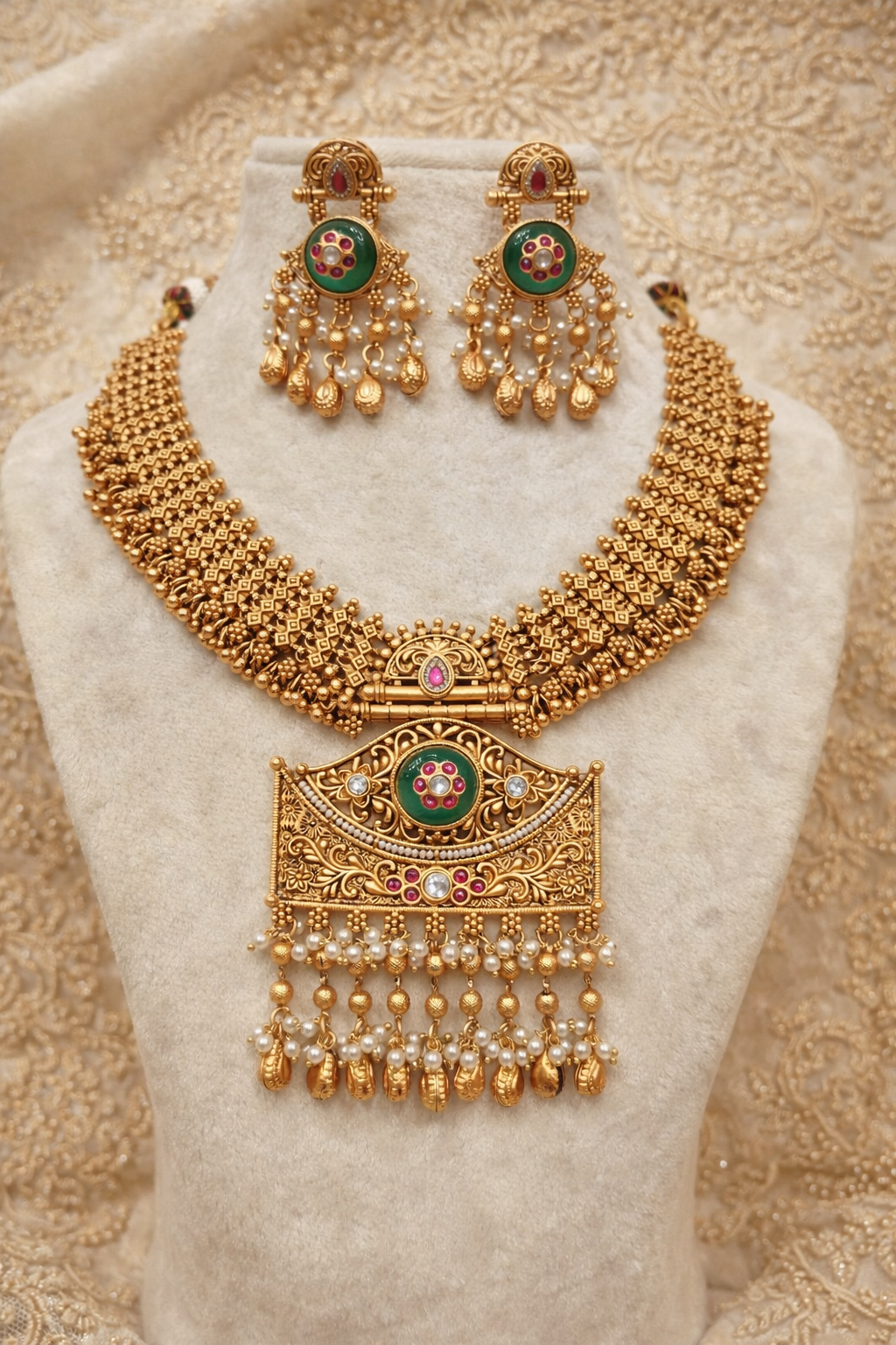 Classic Indian Temple Jewelry Choker with Pearl Drops