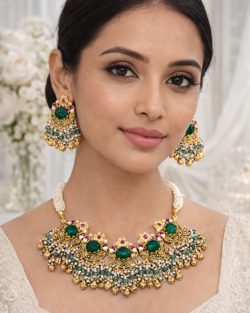 Emerald Green Carved Stone & Pearl Kundan Style Choker Necklace Set with Earrings-G356600