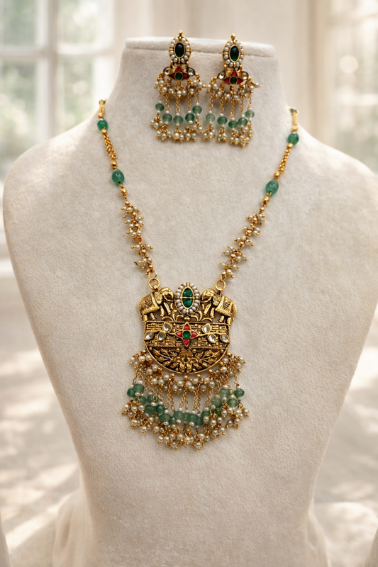 Regal Gold & Green Kundan Elephant Motif Long Necklace Set with Earrings