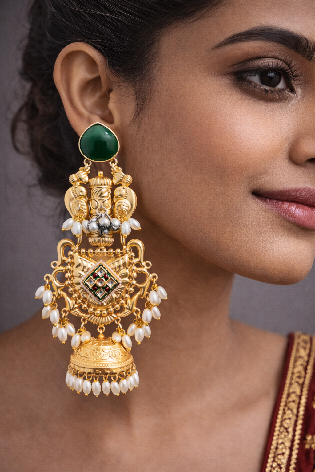 Emerald Green & Gold Plated Pearl Drop Jhumka Earrings-G351400