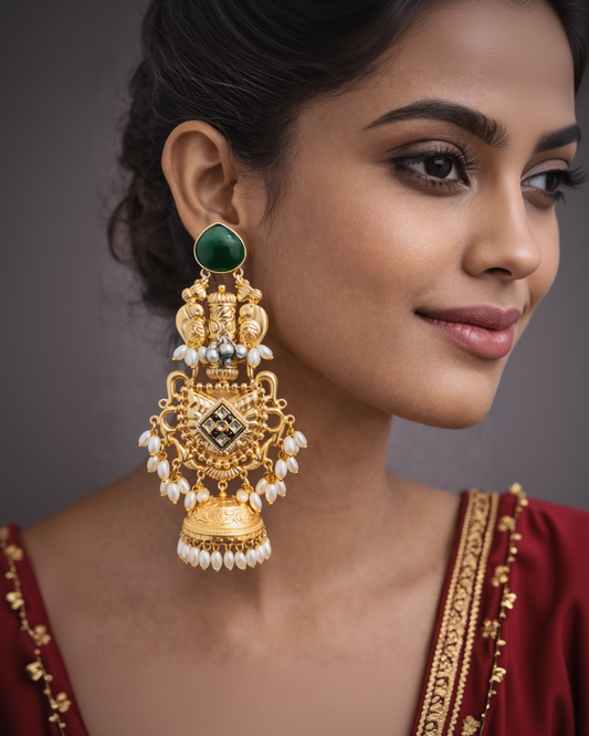 Emerald Green & Gold Plated Pearl Drop Jhumka Earrings-G351400