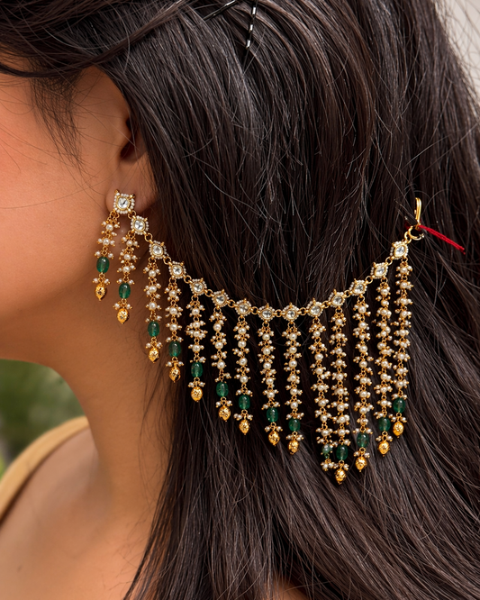 Handcrafted Pearl & Emerald Ear Chains (Sahara/Maatil)-G353600