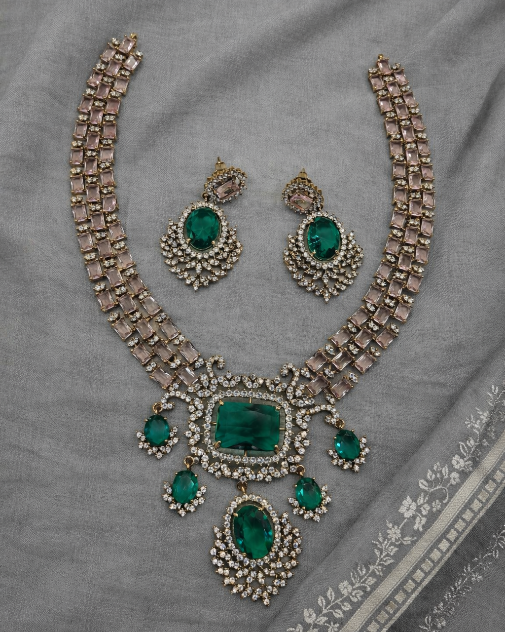 Victorian Emerald & Pink Stone Statement Necklace Set-G353800