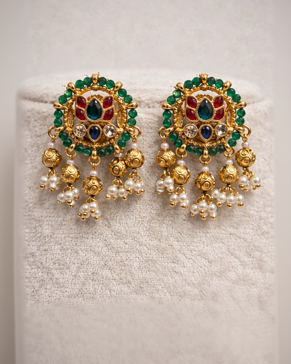 Stunning Kundan Style Green Bead Pendant Set-G352000