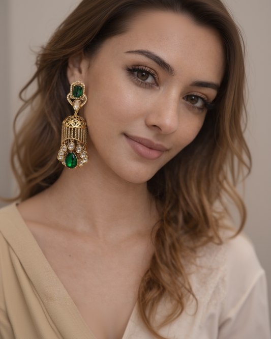 Ornate Gold and Gemstone Jhumka Earring-G351400