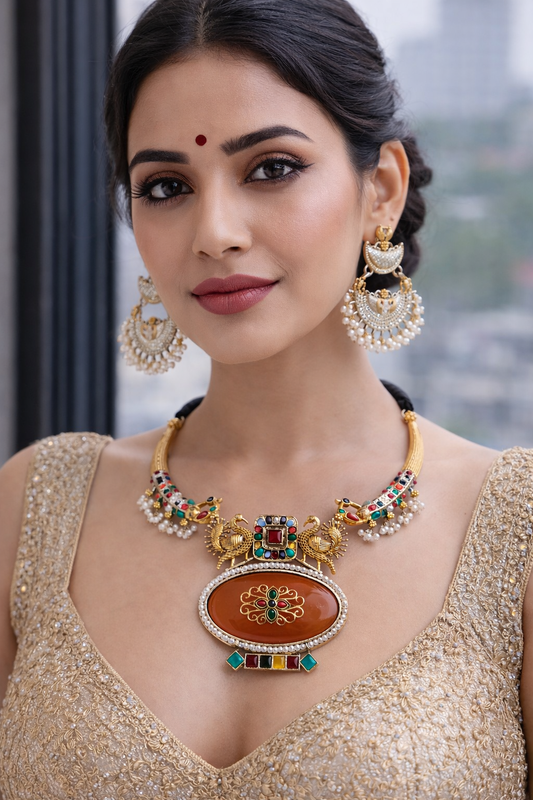 Antique Gold Plated Peacock Motif Dori Necklace Set-G352500