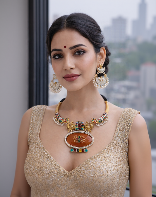 Antique Gold Plated Peacock Motif Dori Necklace Set-G352500