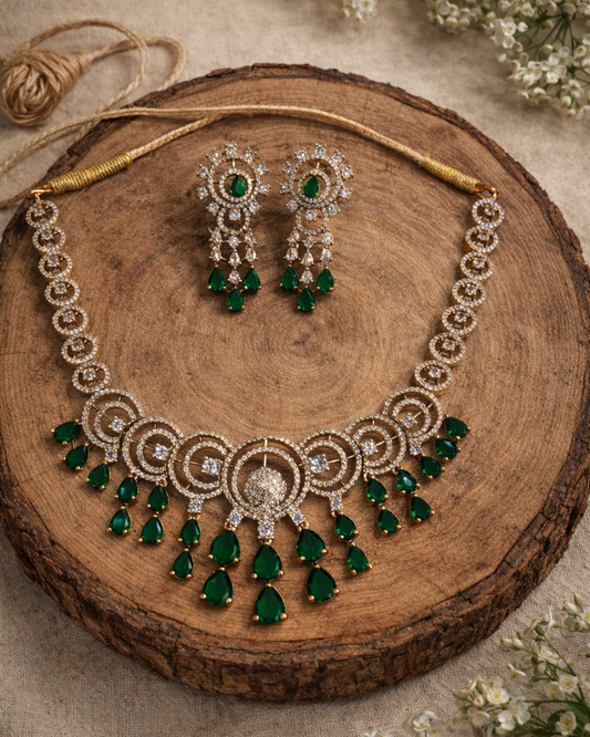 Emerald & Diamond Look Gold-Plated Necklace Set-G352200