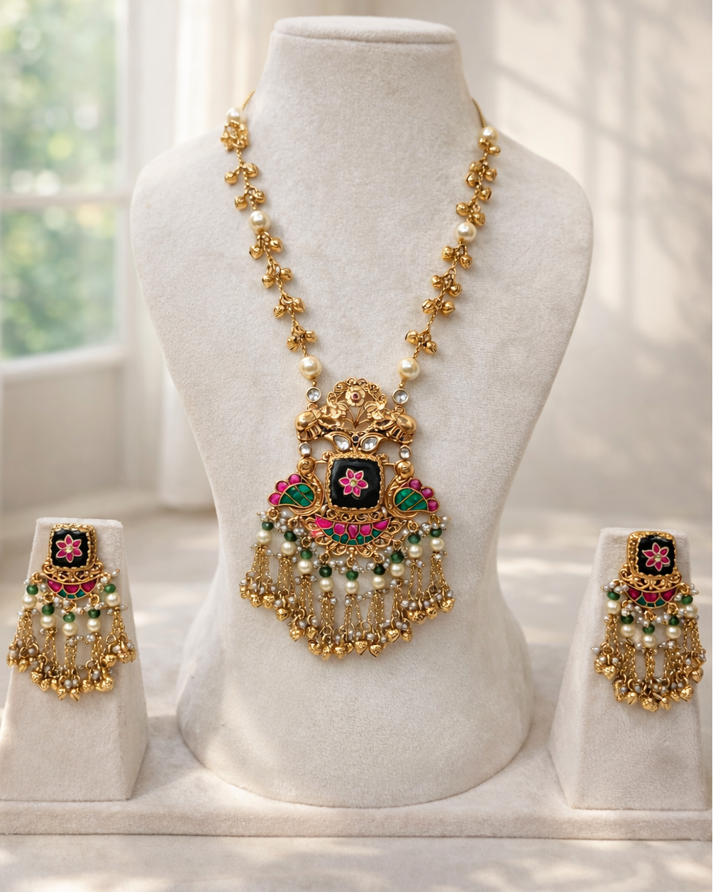 Heritage Style Kundan & Pearl Long Necklace Set with Matching Earrings-G356700