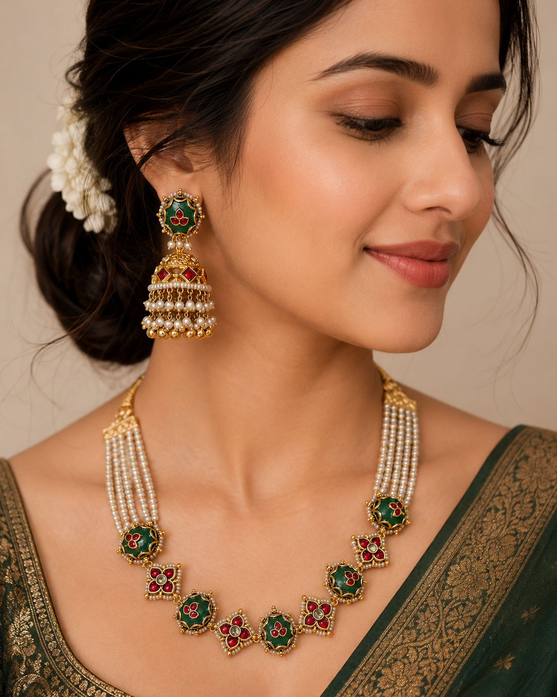 Jadau Kundan & Emerald Pearl Choker Set-G356200