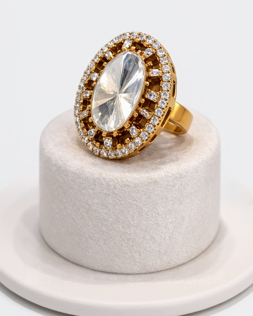 Mossainte Oval Gold plated Polki Ring-G351200