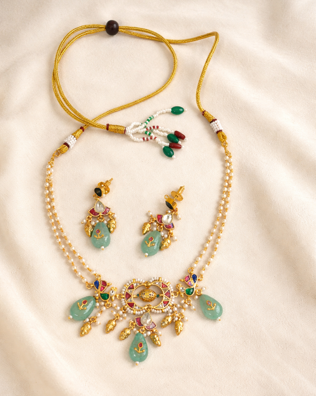 Elegant Gold-Plated Kundan Style Choker Set with Jade Drops & Pearls-G352500