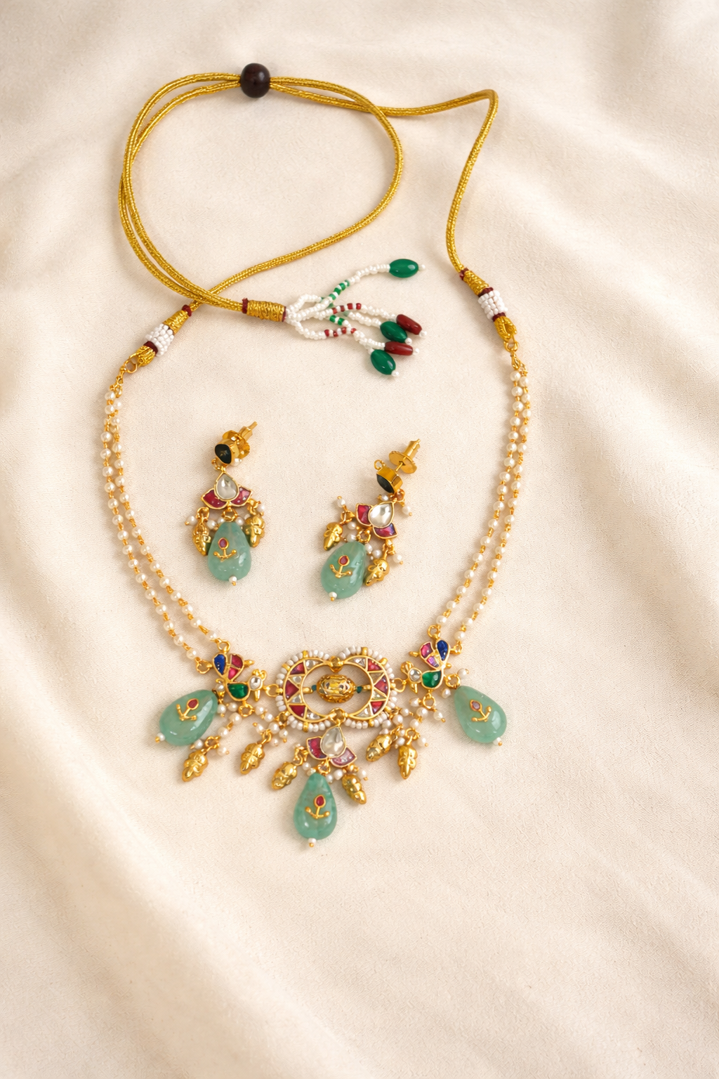 Elegant Gold-Plated Kundan Style Choker Set with Jade Drops & Pearls