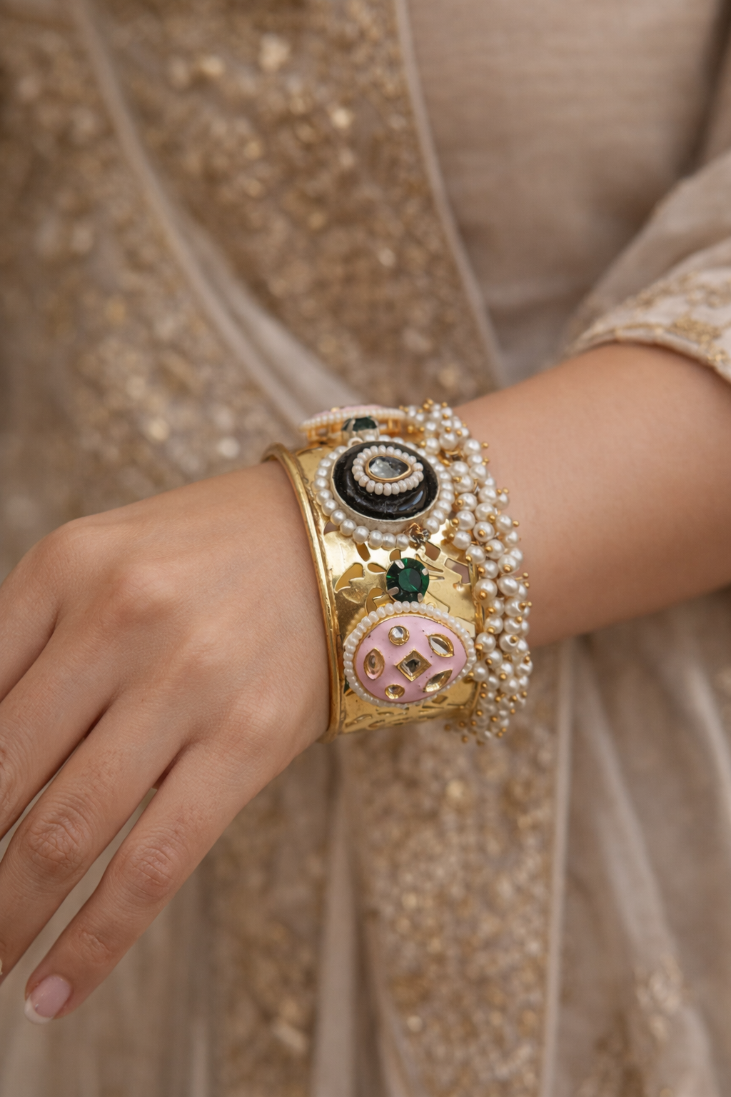 Pearl Kundan Fusion Kada Bracelet