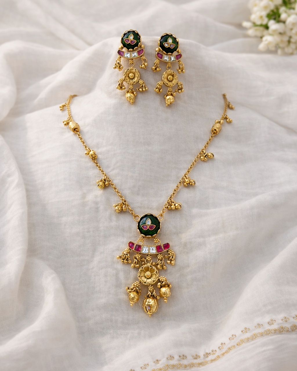 Gold-Plated Jadav Green Onyx Pendent Set-G353000