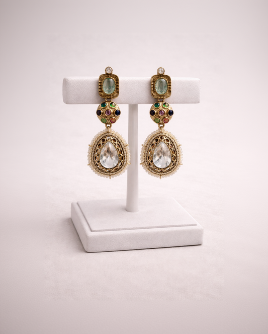 Multi-Stone Kundan Polki Teardrop Earrings-G35900