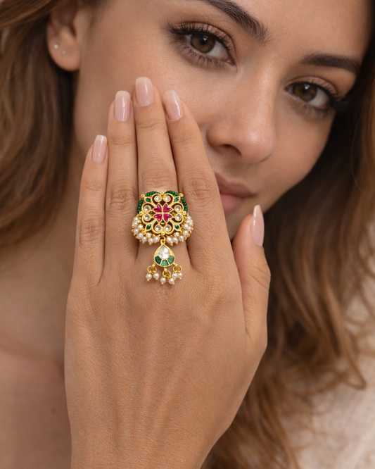 Handcrafted Gold-Plated Kundan Cocktail Ring-G352000