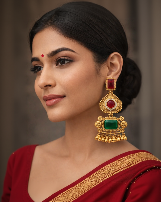 Antique Gold-Plated Drop Earrings with Red & Green Stone-G351100