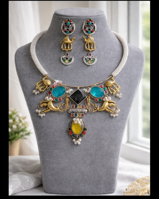 German Silver & Gold-Tone Animal Motif Hasli Necklace Set-G353500