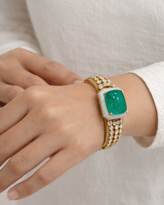 Zamrud Green Stone Kundan Mossonite Cuff Bracelet-G353800