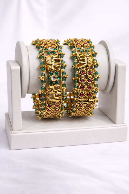 Elephant Motif Antique Gold-Plated Bangle Set(Set of 2)