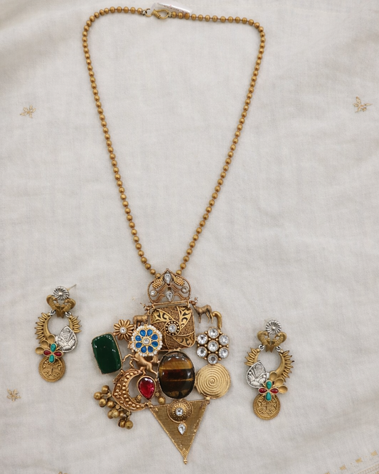 Vintage-Inspired Multi-Stone Necklace and Earring Set-G353800