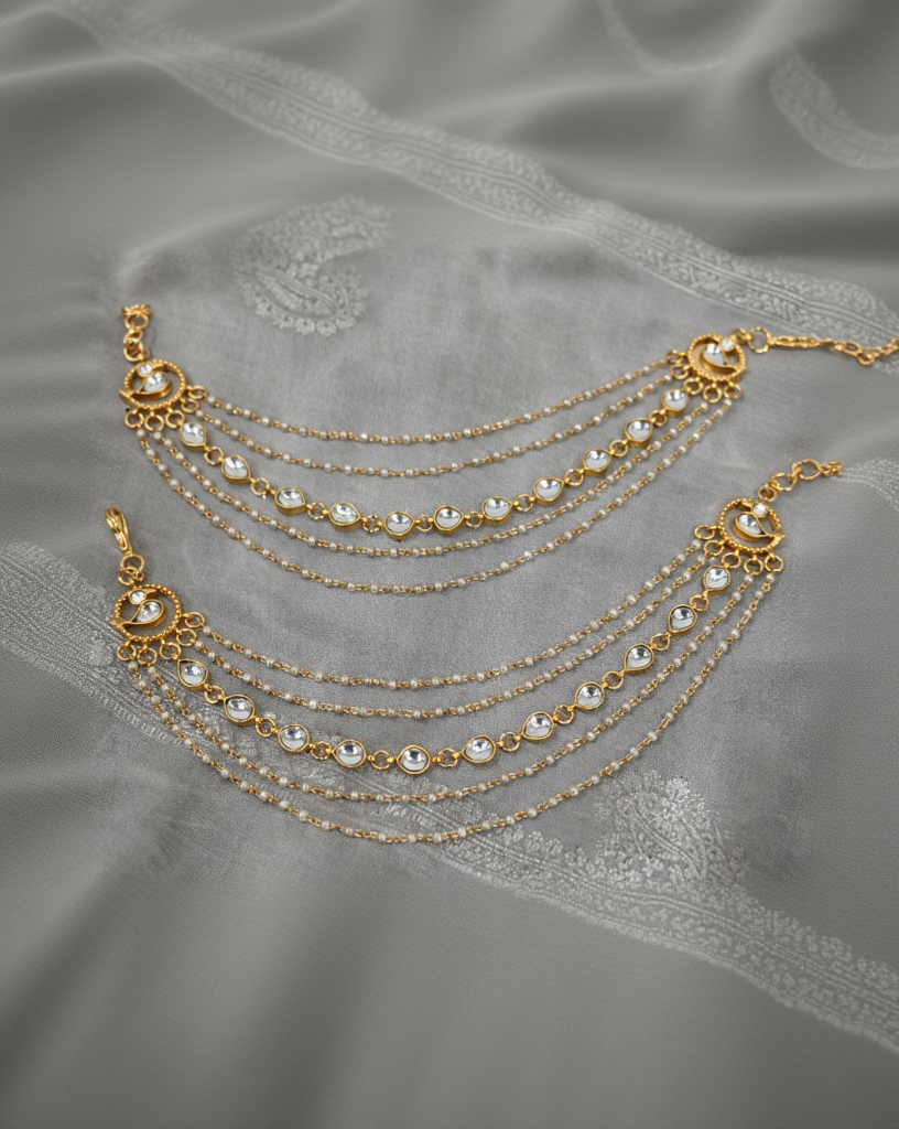 Gold-Plated Kundan & Pearl Multi-Layered Ear Chain-G352200