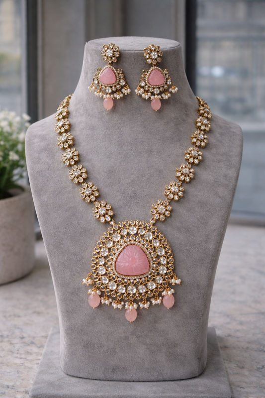 Pink Quartz & Crystal Kundan-Style Necklace Set-G353500