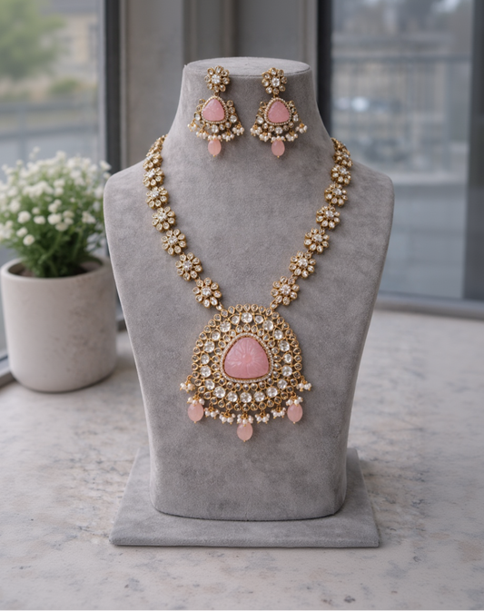 Pink Quartz & Crystal Kundan-Style Necklace Set-G353500