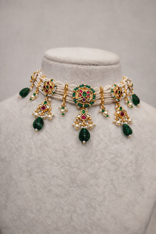 Green/Maroon & Ivory Kundan Polki Choker Necklace