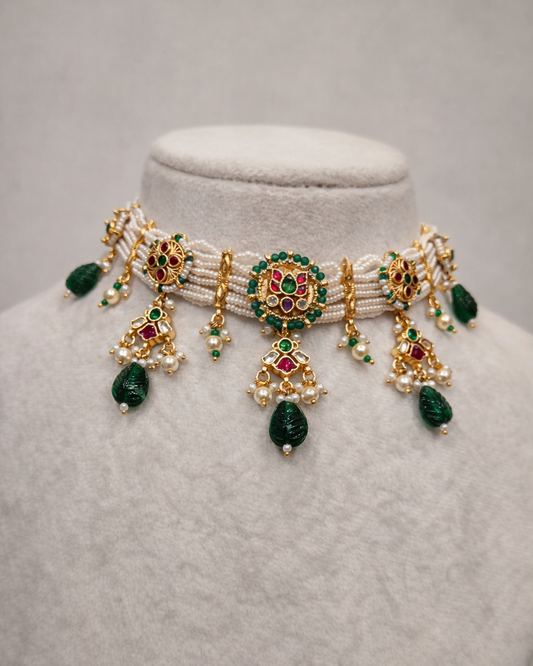 Green/Maroon & Ivory Kundan Polki Choker Necklace-G353300