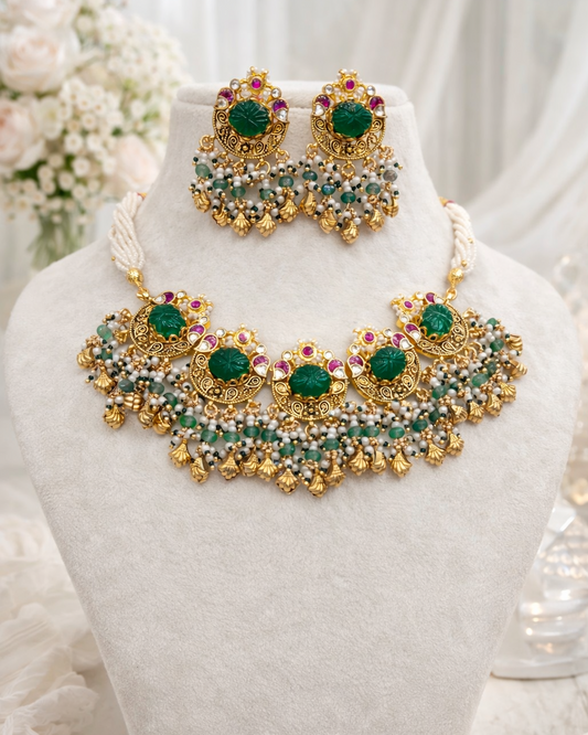 Emerald Green Carved Stone & Pearl Kundan Style Choker Necklace Set with Earrings-G356600