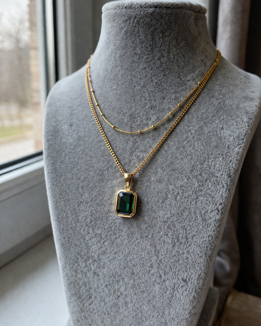Anti-Tarnish Gold & Emerald Statement Necklace-G35300