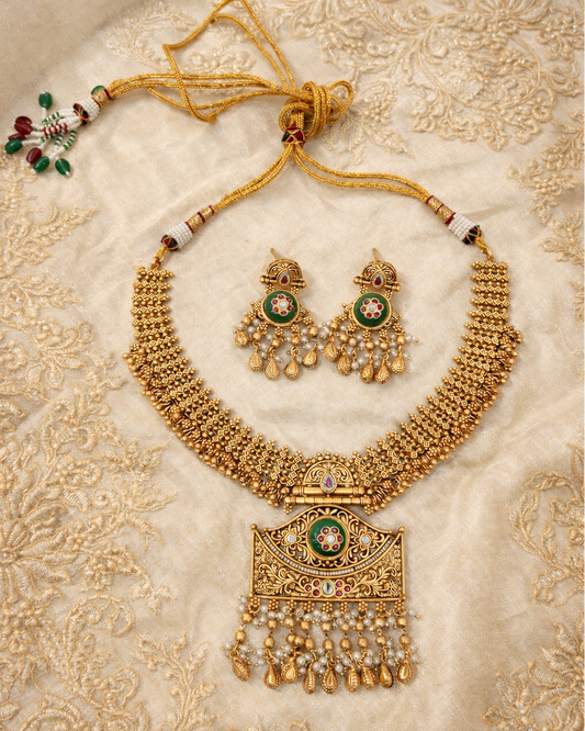 Classic Indian Temple Jewelry Choker with Pearl Drops-G355800