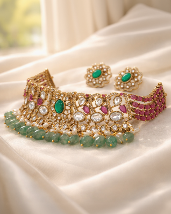 Regal Emerald & Ruby Polki Choker Necklace Set-G353500