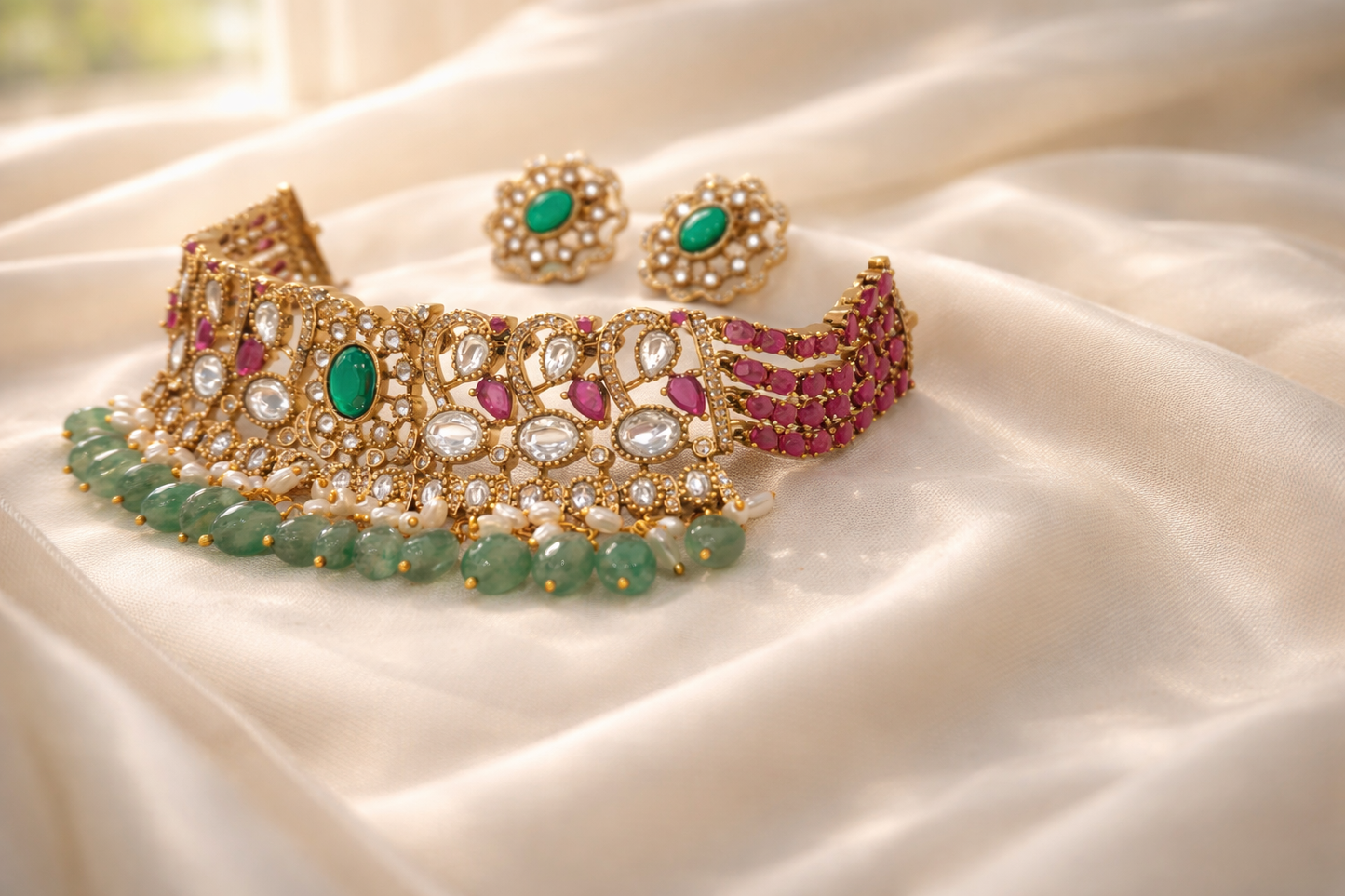 Regal Emerald & Ruby Polki Choker Necklace Set