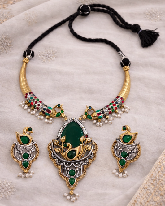 Oxidised Silver Dual-Tone Peacock Motif Necklace Set-G352400