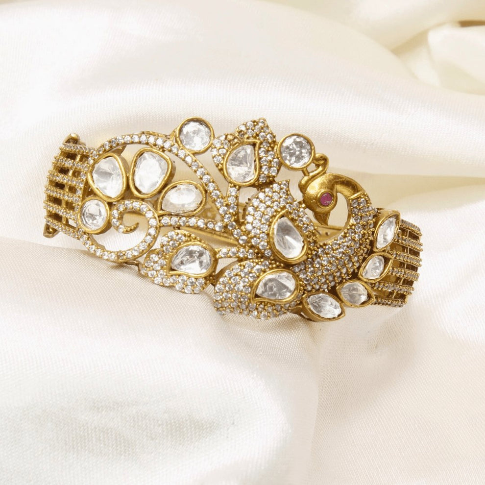 Peacock Polki & Moissanite Gold-Plated Cuff Bracelet