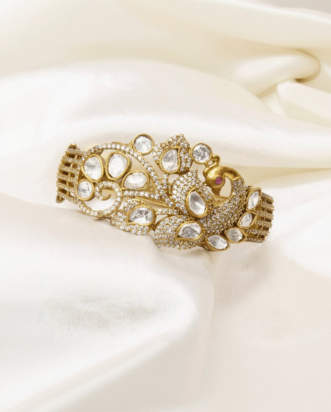 Peacock Polki & Moissanite Gold-Plated Cuff Bracelet-G353100