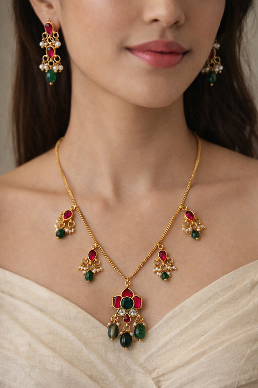 Elegant Multistone Pearl Drop Invisible Chain Set