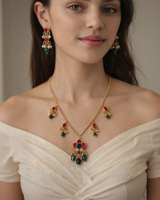 Elegant Multistone Pearl Drop Invisible Chain Set-G351200