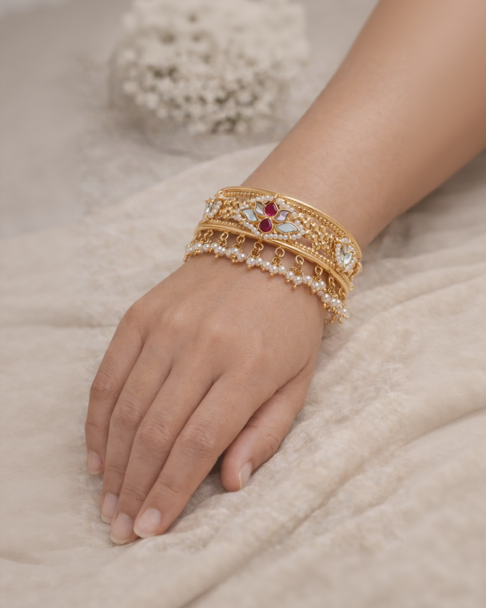 Antique Gold Plated Openable Bangle Kada with Pearl Drops & Kundan Stones-G351300